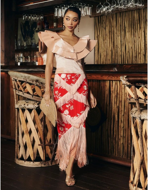 Jupe midi Guest rouge avec broderies et franges 2