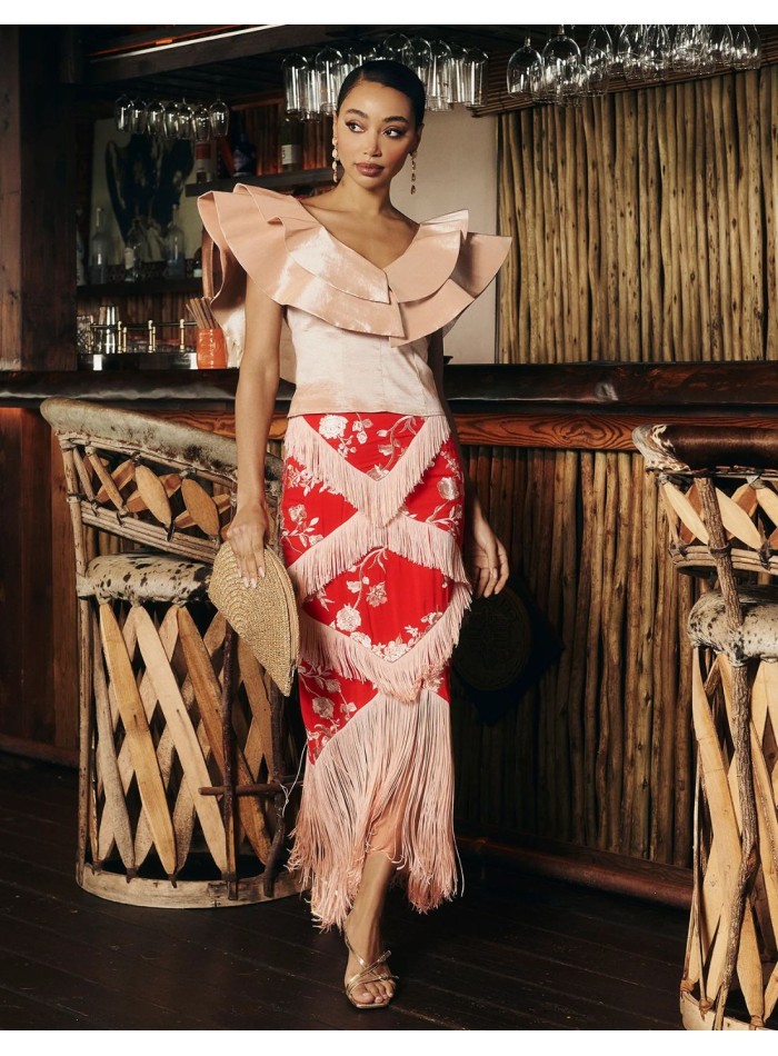 Guest midi skirt in red with embroidery and bangs