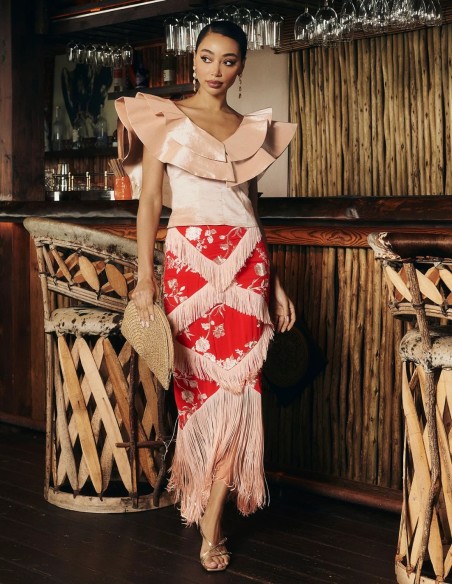 Guest midi skirt in red with embroidery and bangs