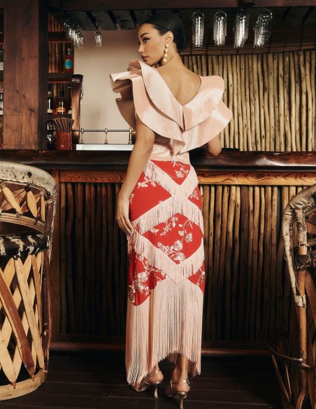 Guest midi skirt in red with embroidery and bangs