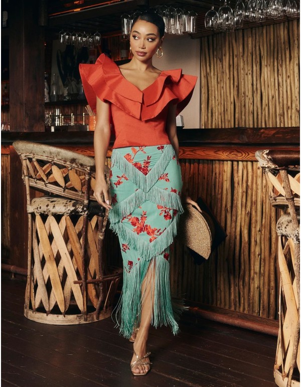 Red taffeta top with ruffles at the neckline for guests 2