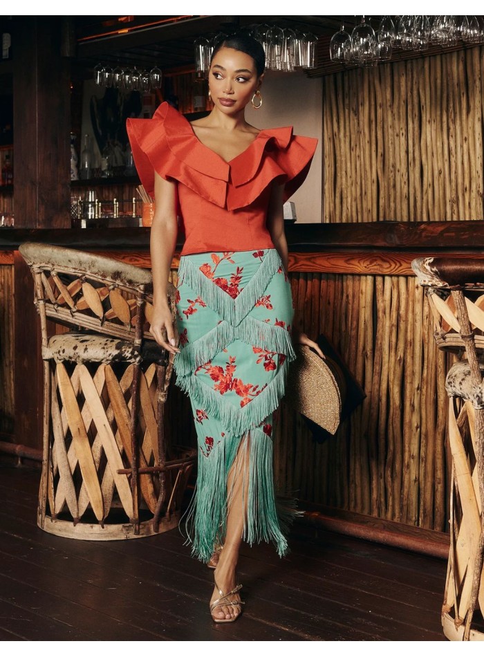 Red taffeta top with ruffles at the neckline...