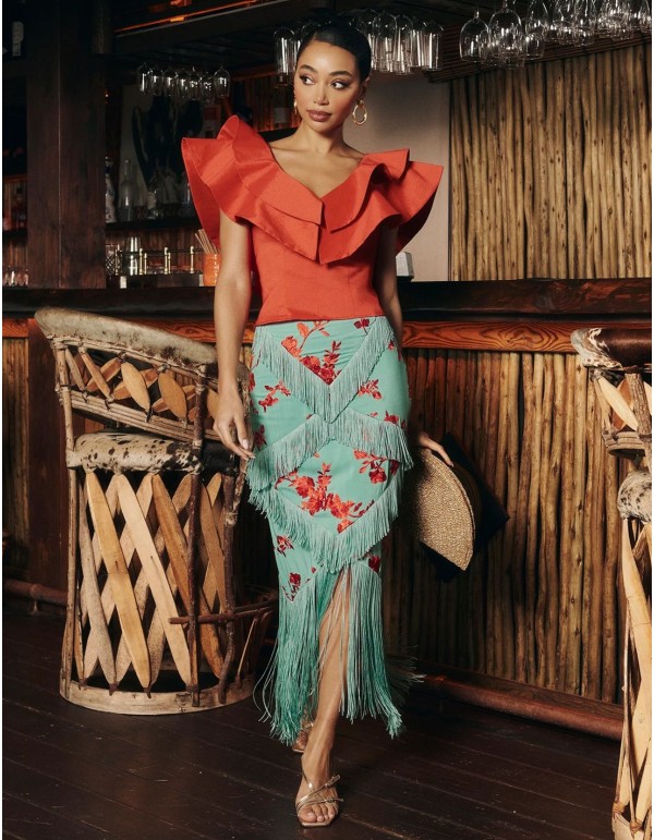 Light blue midi skirt with bangs and coral embroidery