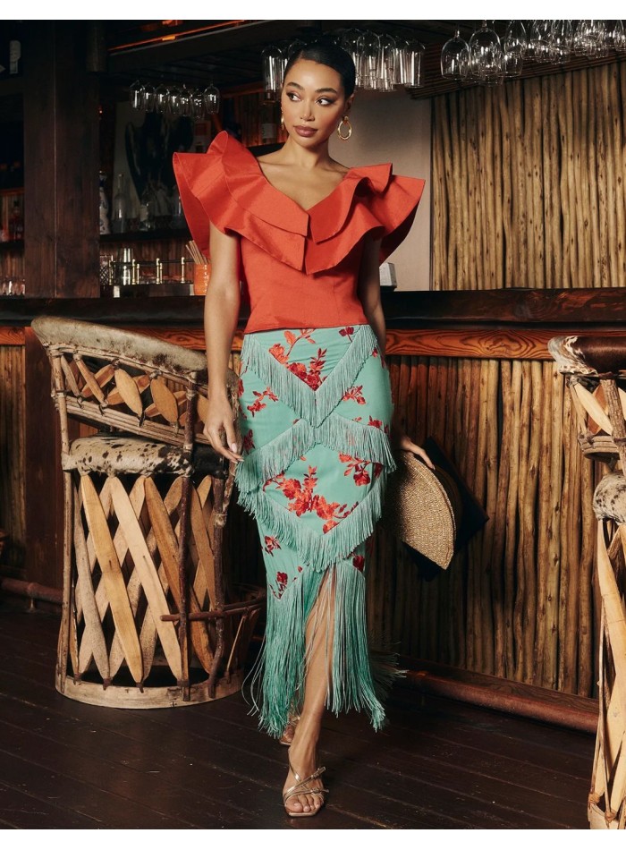 Jupe midi bleu clair avec franges et broderie...