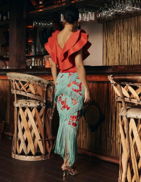 Light blue midi skirt with bangs and coral embroidery