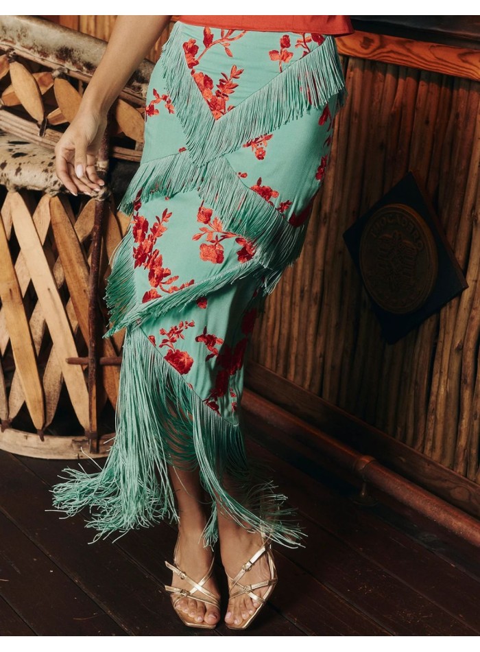 Jupe midi bleu clair avec franges et broderie...