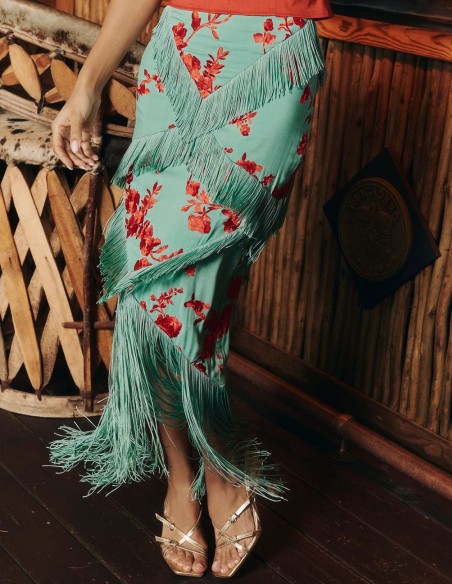 Jupe midi bleu clair avec franges et broderie corail