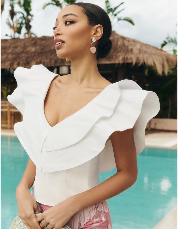White taffeta top with double ruffle on the neckline