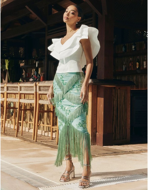 Midi skirt in aquamarine with fringe and floral...
