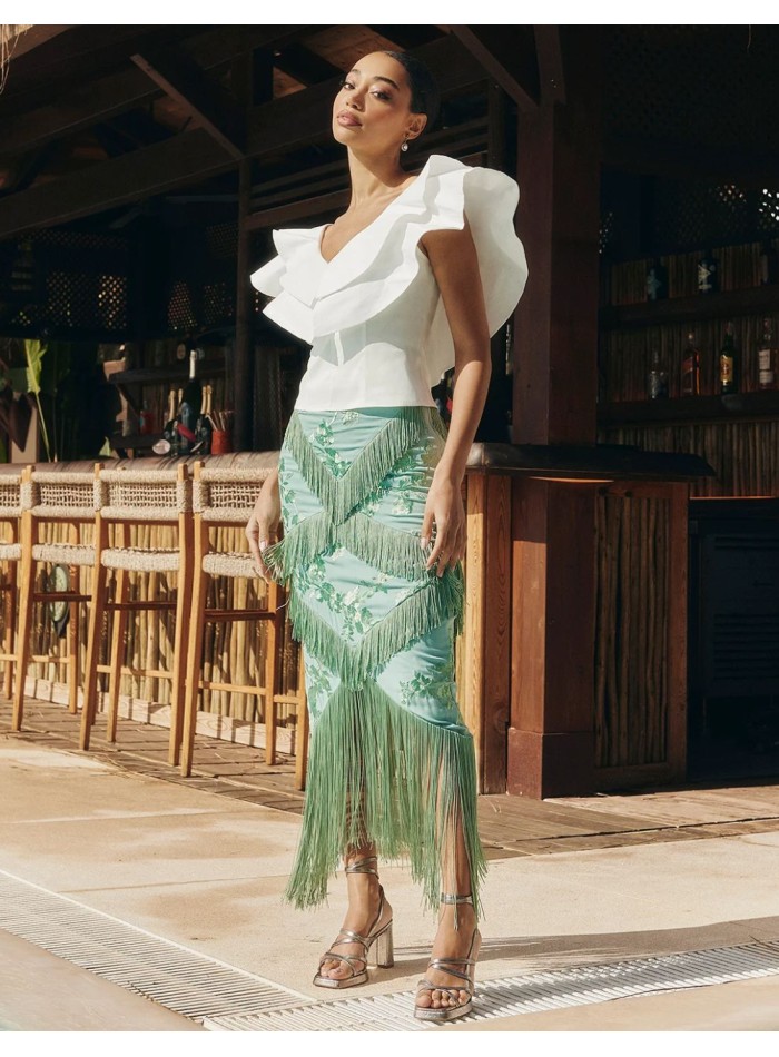 Jupe midi en aigue-marine avec franges et...