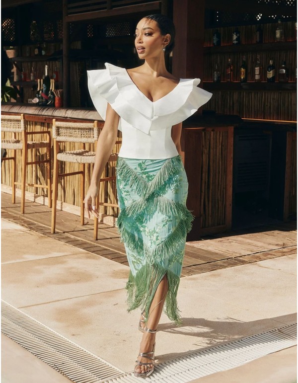 Midi skirt in aquamarine with fringe and floral... 2