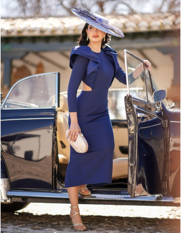 Robe midi en bleu marine avec volants sur les épaules 2