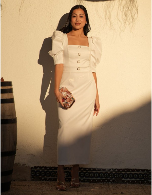 Vestido midi blanco confeccionado en piqué con mangas abullonadas 2