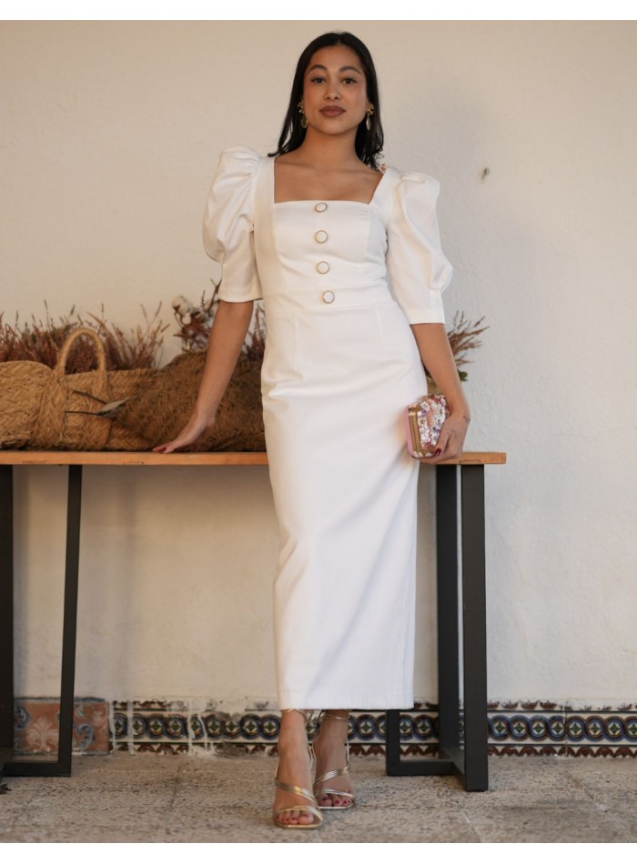 White midi dress made in pique with puffed sleeves