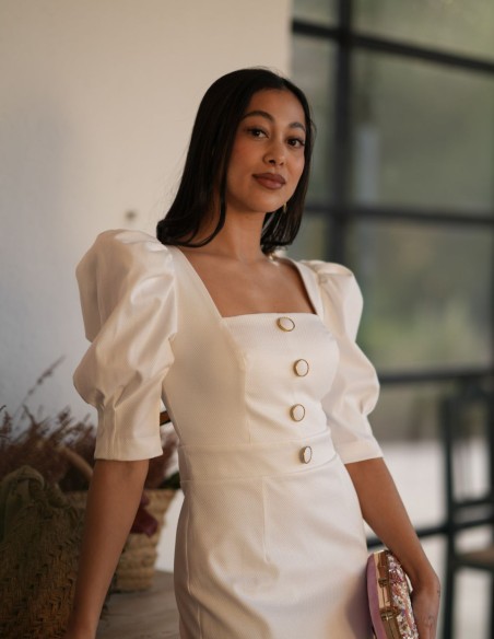 Robe midi blanche en piqué à manches bouffantes
