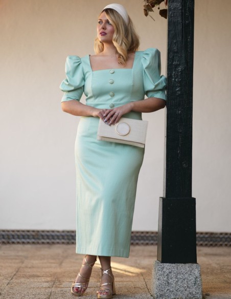 Robe midi verte à manches bouffantes en piqué
