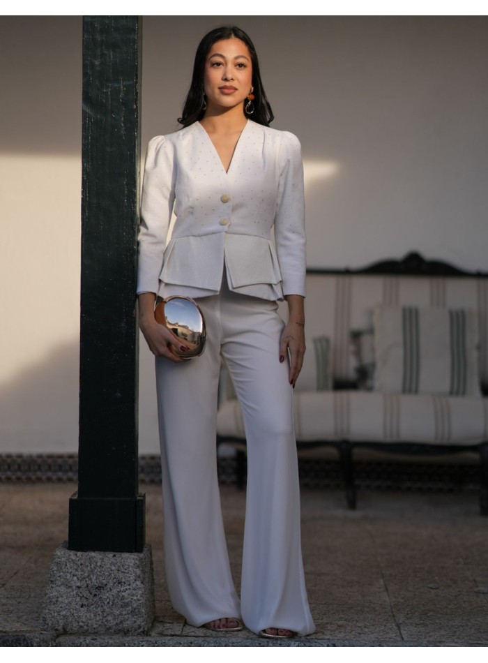 Conjunto de dos piezas con chaqueta de jacquard y pantalón de gasa