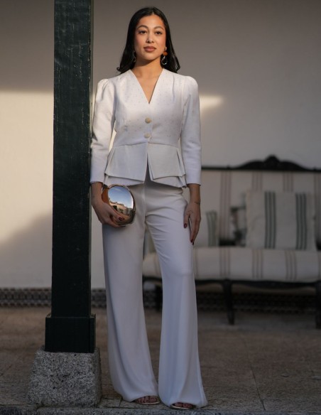 Two-piece ensemble with jacquard jacket and chiffon pants