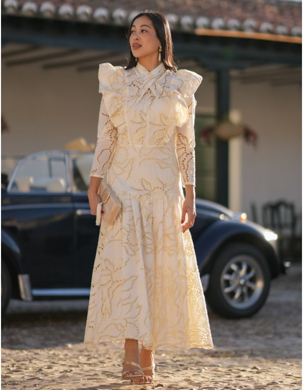 Robe midi à encolure fermée et volants en tissu ajouré