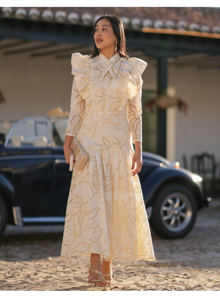 Vestido midi con cuello cerrado y volantes en tejido calado
