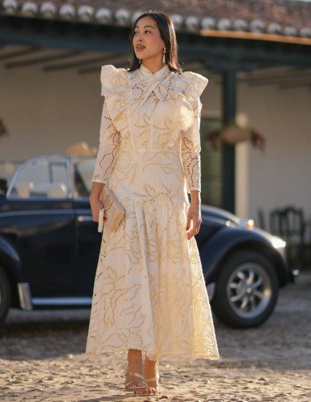 Robe midi à encolure fermée et volants en tissu ajouré