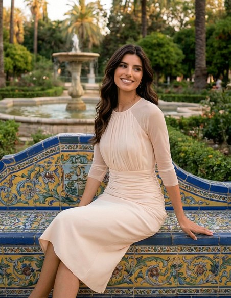 Off-white midi dress with closed neckline and transparent sleeves