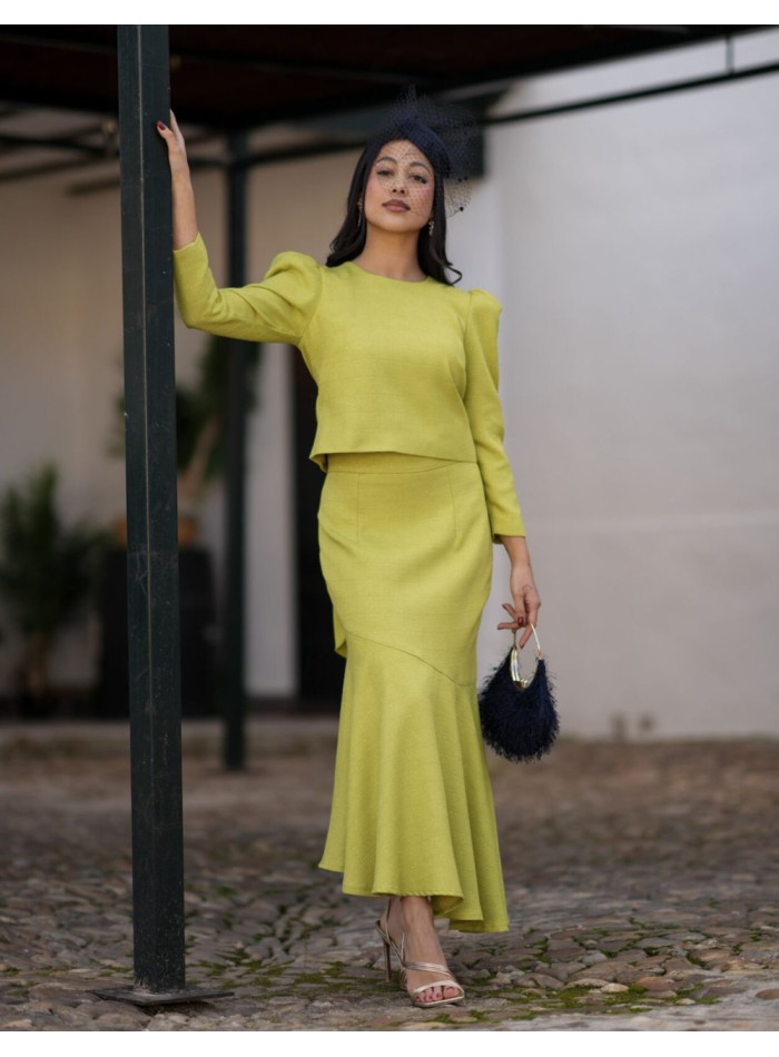 Lime green two-piece set with puffed sleeve...