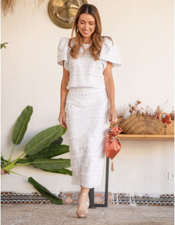 Ensemble deux pièces blanc en brocart avec blouse à... 2