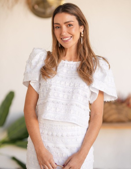 Two-piece white brocade fabric set with puffed sleeve blouse and pencil skirt
