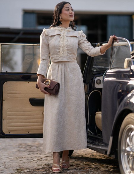 Two-piece set in jacquard fabric crop top and skirt