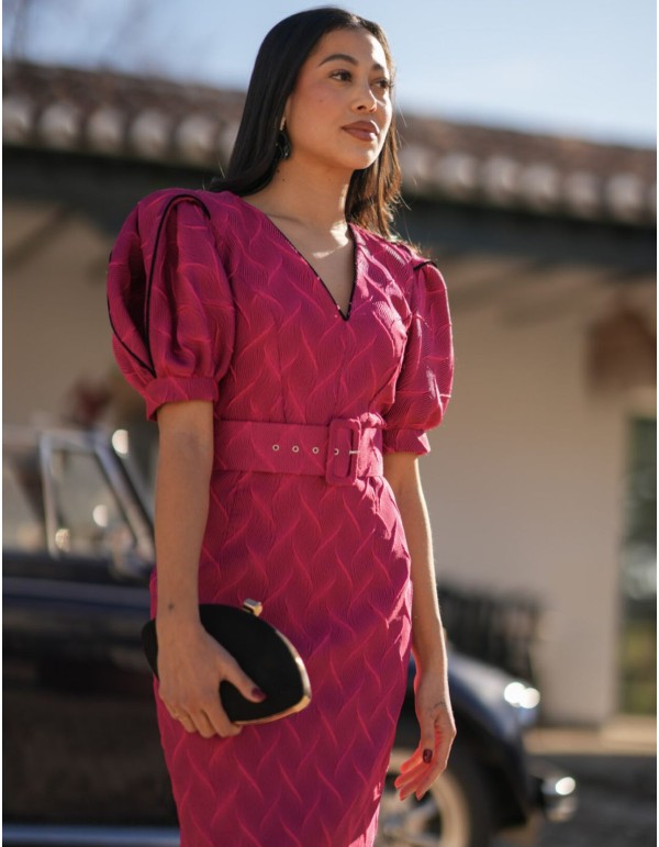 Fuchsia printed midi dress with maxi sleeves and belt