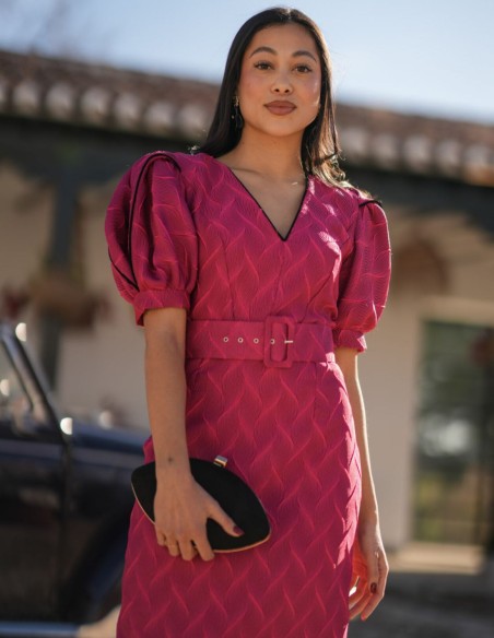 Fuchsia printed midi dress with maxi sleeves and belt