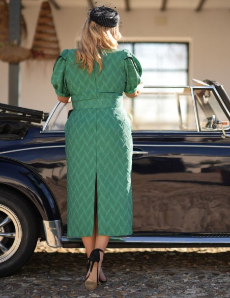 Mint green printed midi dress with maxi sleeves and belt