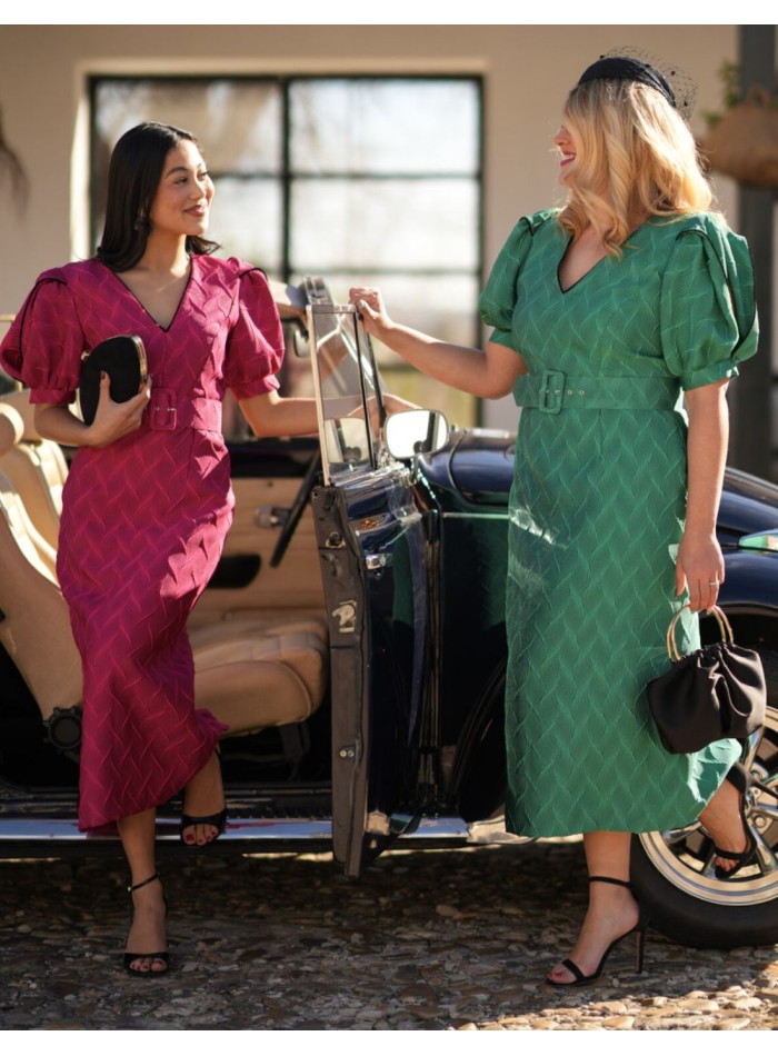 Vestido de invitada midi verde y fucsia