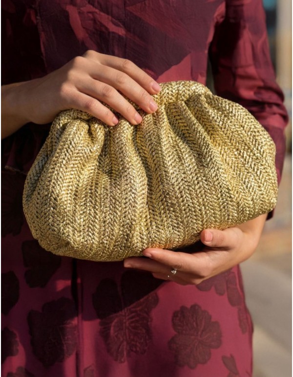 Gold raffia bag with long chain
