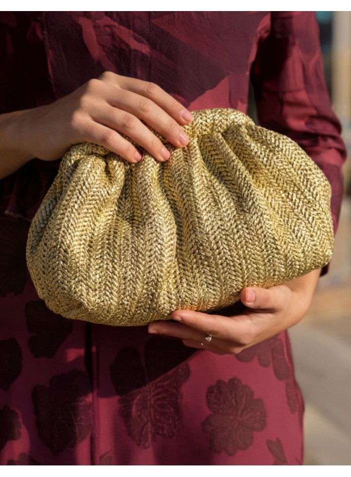Gold raffia bag with long chain