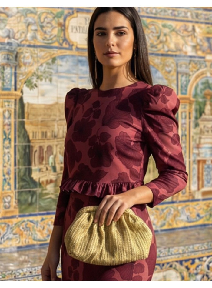 Sac en raphia doré avec longue chaîne