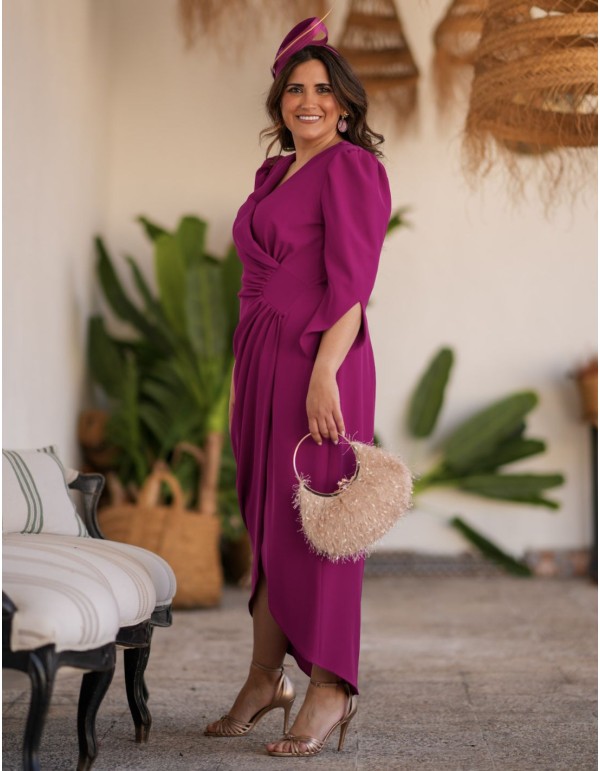 Wine colored midi dress with crepe fabric and French sleeves