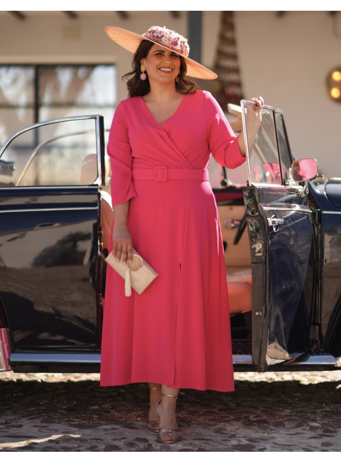 Pink midi dress in crepe fabric with a belt