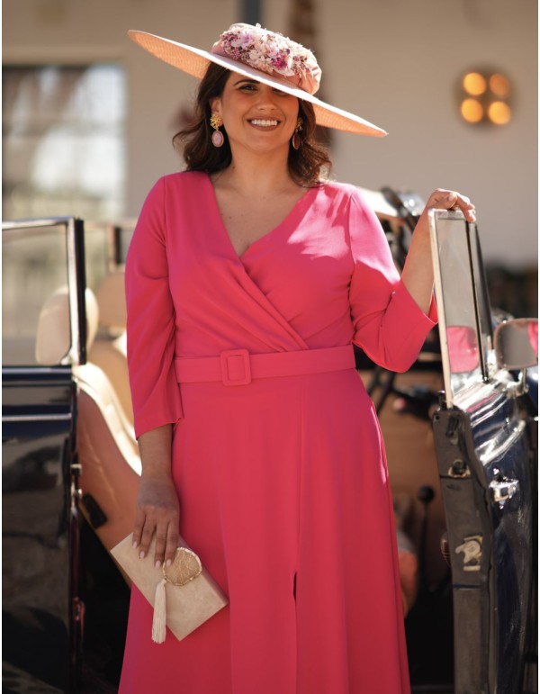 Pink midi dress in crepe fabric with a belt 2