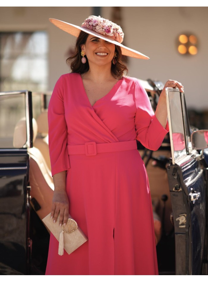 Pink midi dress in crepe fabric with a belt