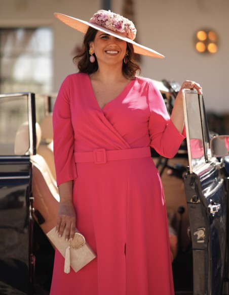 Pink midi dress in crepe fabric with a belt