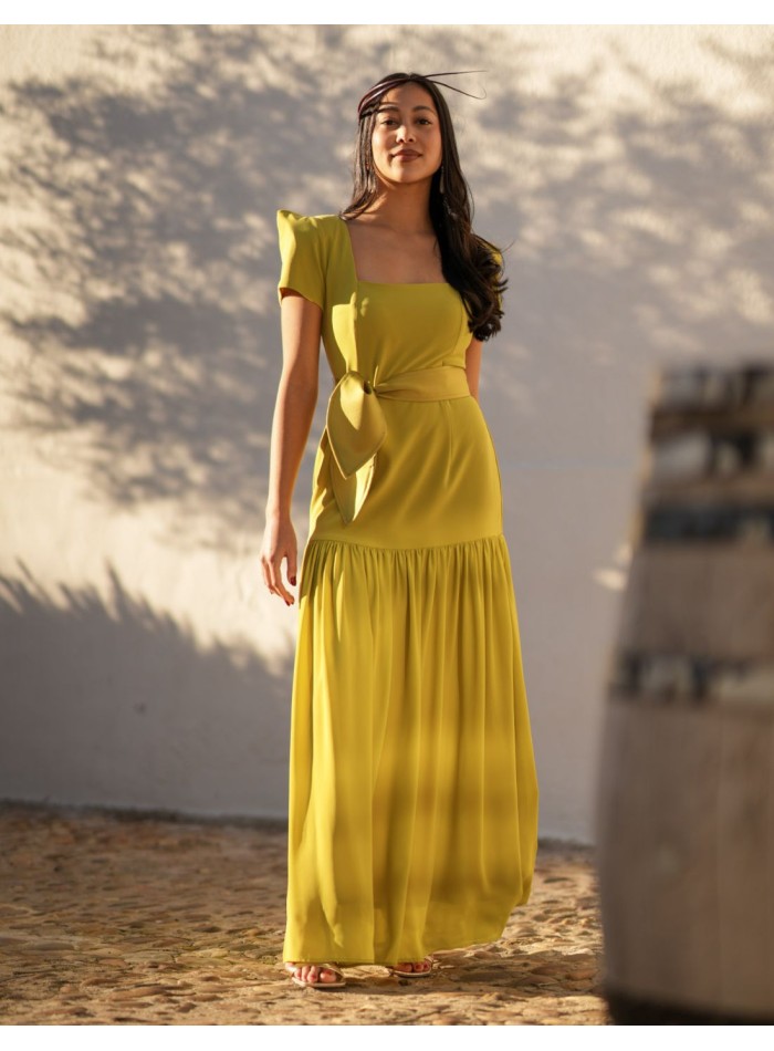 Pistachio long dress with short sleeves and...