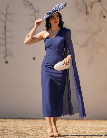Midi dress in navy blue crepe fabric with asymmetric neckline