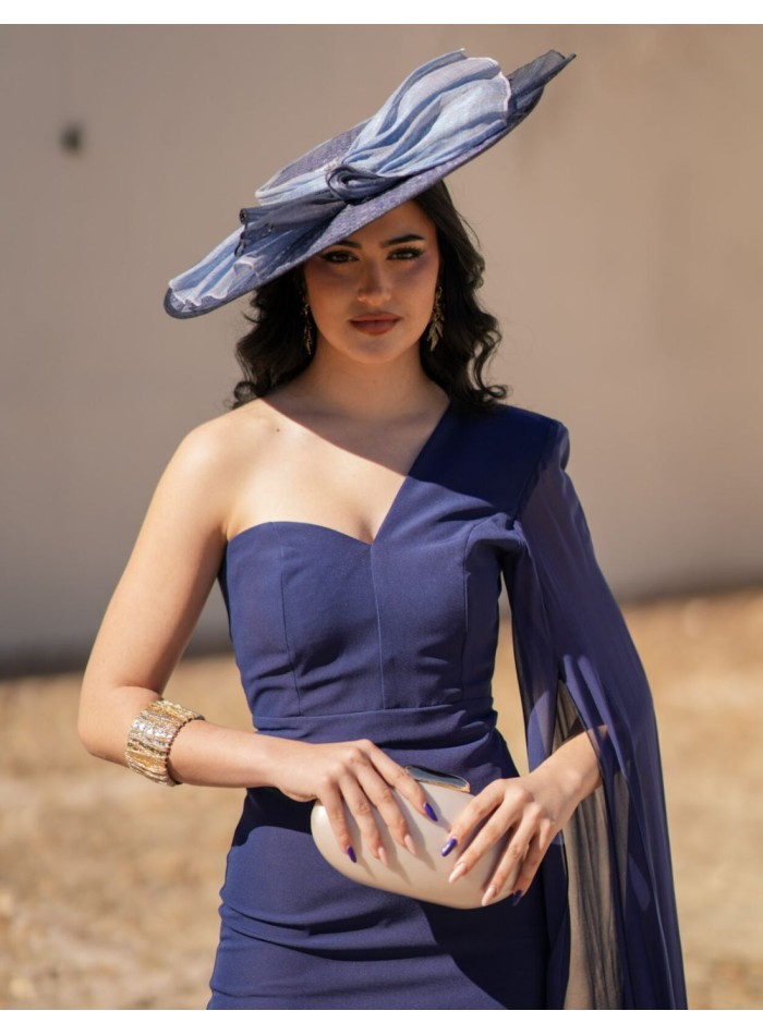 Midi dress in navy blue crepe fabric with...