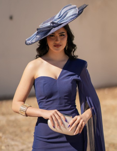 Midi dress in navy blue crepe fabric with asymmetric neckline