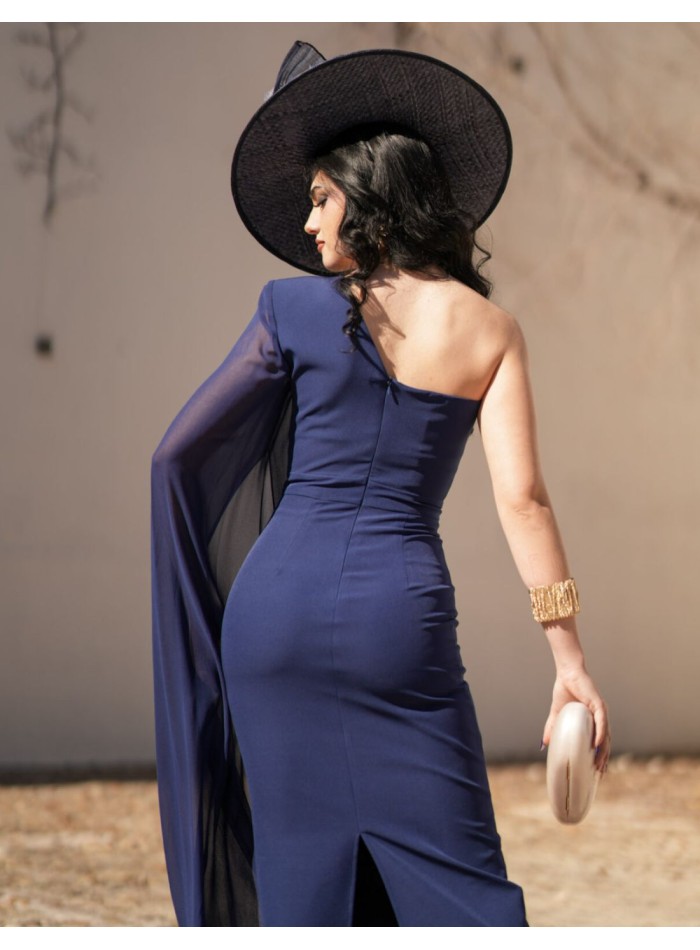 Robe midi en crêpe bleu marine avec encolure...