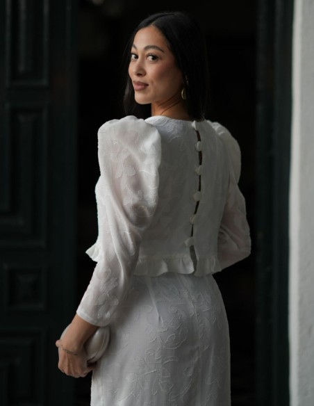 Ensemble deux pièces - top et jupe en mousseline de brocart blanc