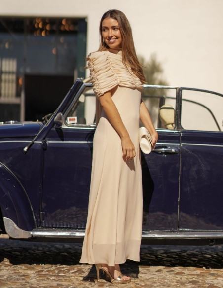 Vestido midi de cuello halter con capelina de gasa drapeada multiposición