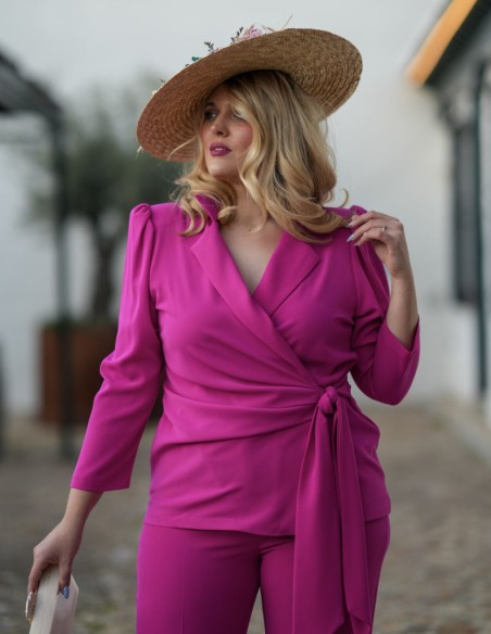 Bougainvillea two-piece ensemble of double-breasted blouse with sash and straight pants